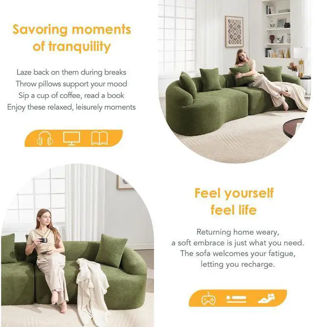 Alt view image 3 of 7 - Curved Boneless Sofa,Compression Modular 110'' Sectional,Green High-Density,Couches Sleeper for Living Room Bedroom Apartment Lounge,Chenille