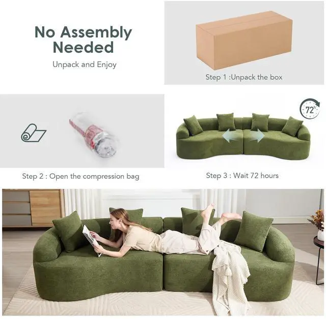 Alt view image 5 of 7 - Curved Boneless Sofa,Compression Modular 110'' Sectional,Green High-Density,Couches Sleeper for Living Room Bedroom Apartment Lounge,Chenille