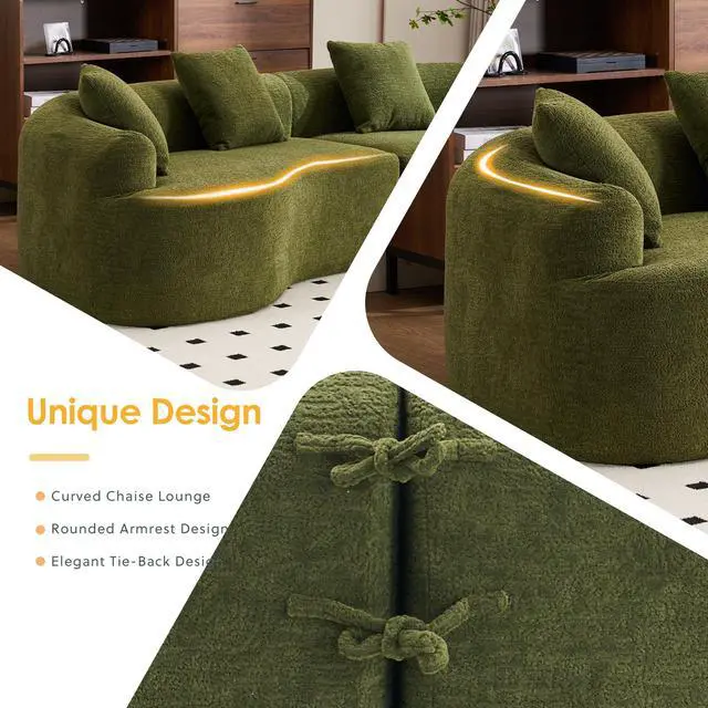 Alt view image 6 of 7 - Curved Boneless Sofa,Compression Modular 110'' Sectional,Green High-Density,Couches Sleeper for Living Room Bedroom Apartment Lounge,Chenille
