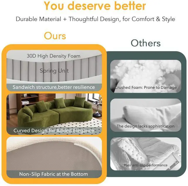 Alt view image 7 of 7 - Curved Boneless Sofa,Compression Modular 110'' Sectional,Green High-Density,Couches Sleeper for Living Room Bedroom Apartment Lounge,Chenille