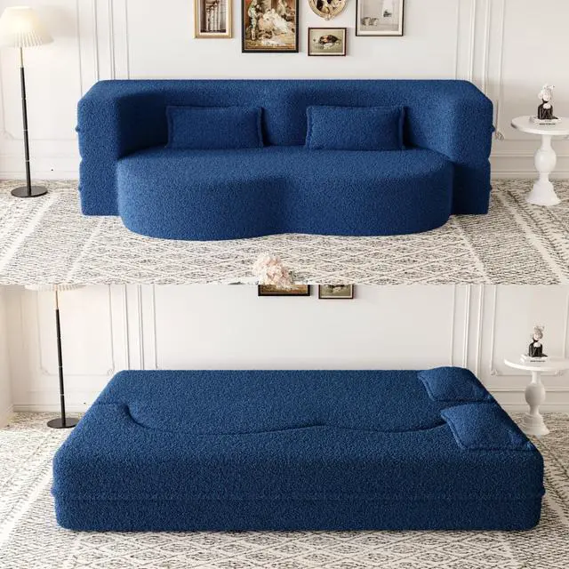 Main image of Modern Floor Sofa with 2 Pillows,Convertible Teddy Fabric Foam-Filled Sleeper Sofa Bed,15" Full Size Folding Mattress for Living Room,Guest Bed,Playroom,no assembly required,Blue