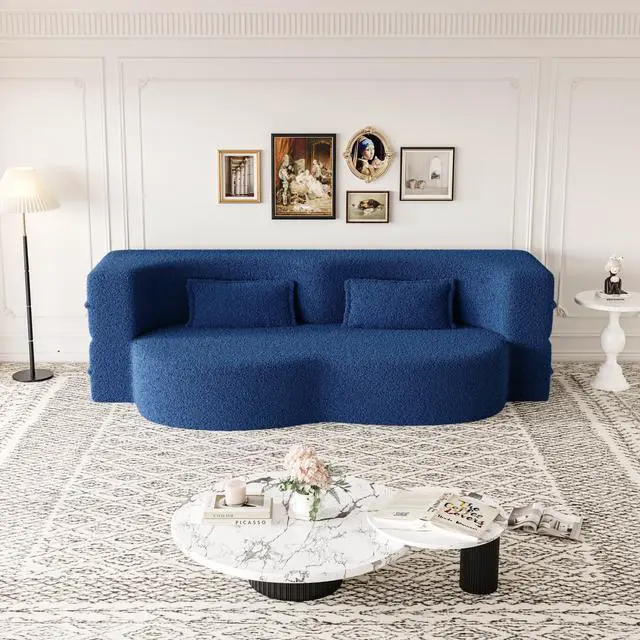 Alt view image 3 of 6 - Modern Floor Sofa with 2 Pillows,Convertible Teddy Fabric Foam-Filled Sleeper Sofa Bed,15" Full Size Folding Mattress for Living Room,Guest Bed,Playroom,no assembly required,Blue