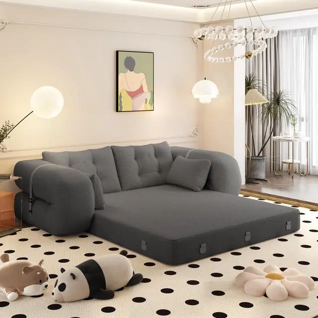 Alt view image 2 of 7 - Human Dog Bed, Lazy Sofa Couch, 78.7" Multi-Functional Foldable Sofa Bed, 3-in-1 Teddy Fabric Foam-Filled Sleeper Sofa Bed for Living Room,Guest Bed,Playroom,GREY