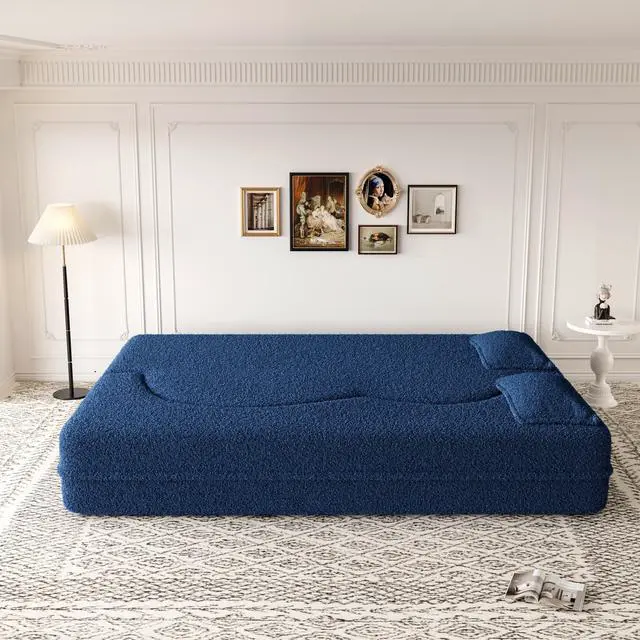 Alt view image 4 of 6 - Modern Floor Sofa with 2 Pillows,Convertible Teddy Fabric Foam-Filled Sleeper Sofa Bed,15" Full Size Folding Mattress for Living Room,Guest Bed,Playroom,no assembly required,Blue
