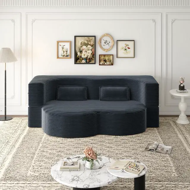Alt view image 2 of 7 - Modern Floor Sofa with 2 Pillows,Convertible Plush Corduroy Foam-Filled Sleeper Sofa Bed,15" Full Size Folding Mattress for Living Room,Guest Bed,no assembly required,Dark Grey