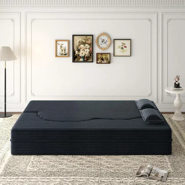 Alt view image 3 of 7 - Modern Floor Sofa with 2 Pillows,Convertible Plush Corduroy Foam-Filled Sleeper Sofa Bed,15" Full Size Folding Mattress for Living Room,Guest Bed,no assembly required,Dark Grey