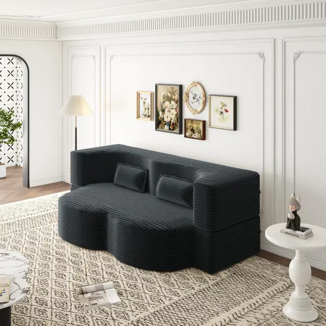 Alt view image 4 of 7 - Modern Floor Sofa with 2 Pillows,Convertible Plush Corduroy Foam-Filled Sleeper Sofa Bed,15" Full Size Folding Mattress for Living Room,Guest Bed,no assembly required,Dark Grey