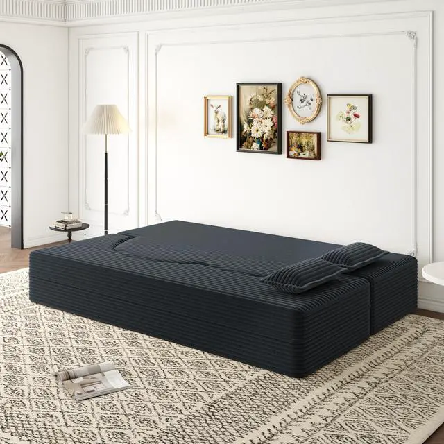 Alt view image 5 of 7 - Modern Floor Sofa with 2 Pillows,Convertible Plush Corduroy Foam-Filled Sleeper Sofa Bed,15" Full Size Folding Mattress for Living Room,Guest Bed,no assembly required,Dark Grey