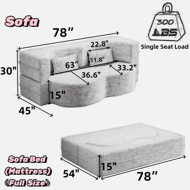 Alt view image 7 of 7 - Modern Floor Sofa with 2 Pillows,Convertible Plush Corduroy Foam-Filled Sleeper Sofa Bed,15" Full Size Folding Mattress for Living Room,Guest Bed,no assembly required,Dark Grey