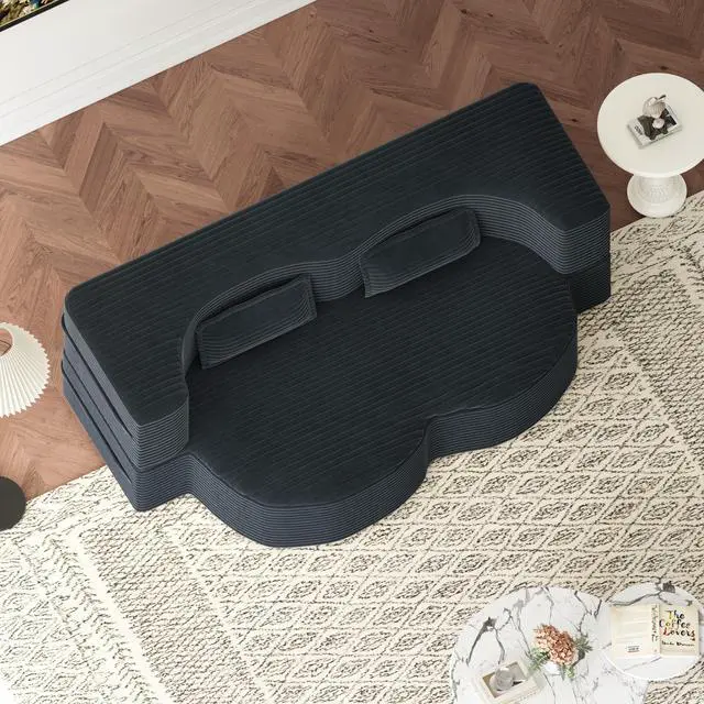 Alt view image 6 of 7 - Modern Floor Sofa with 2 Pillows,Convertible Plush Corduroy Foam-Filled Sleeper Sofa Bed,15" Full Size Folding Mattress for Living Room,Guest Bed,no assembly required,Dark Grey