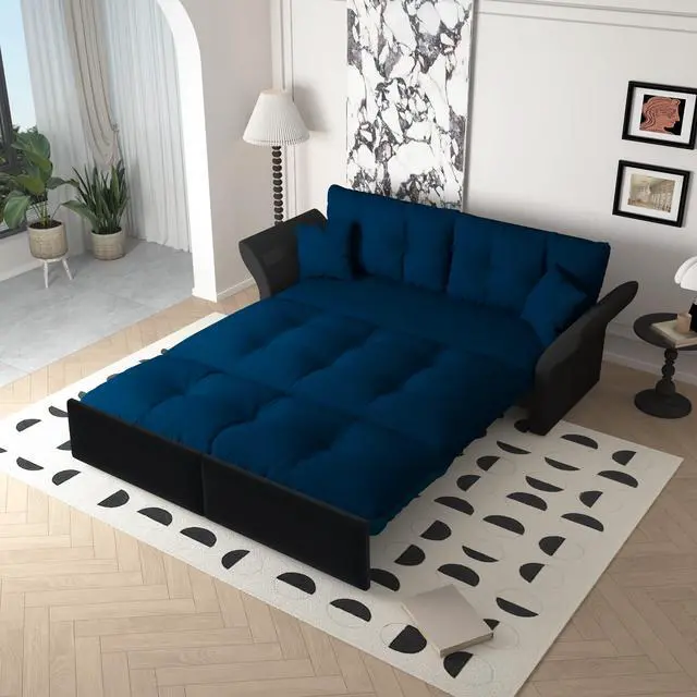 Main image of 74.8" Queen Pull Out Sofa Bed, 3-in-1 Convertible Sleeper Tufted Sofa with 2 Soft Pillows,Multi-Functional Velvet Loveseat Bed,Blue(Old Sku:W1885S00083/W1885S00130)
