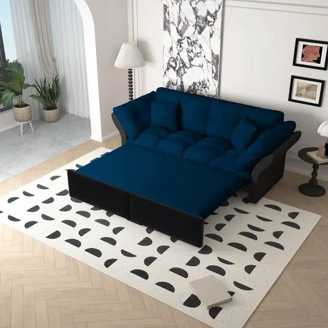Alt view image 2 of 7 - 74.8" Queen Pull Out Sofa Bed, 3-in-1 Convertible Sleeper Tufted Sofa with 2 Soft Pillows,Multi-Functional Velvet Loveseat Bed,Blue(Old Sku:W1885S00083/W1885S00130)