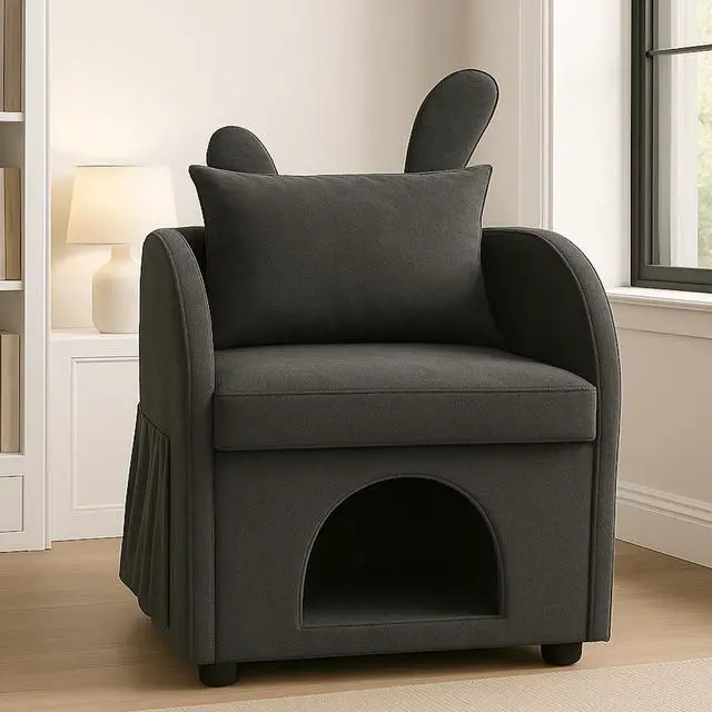 Main image of Dark Gray Bunny-Ear Pet-Friendly Armchair with Scratch-Resistant Fabric, Built-in Cat & Dog Hideaway, Dual-Use Sofa Chair with Side Pocket, 27.4 x 25.2 x 37.4 inch