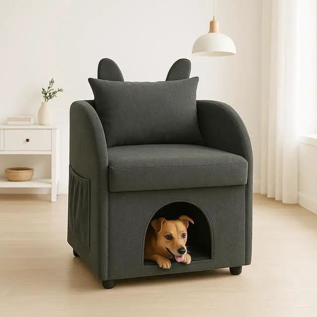 Alt view image 7 of 7 - Dark Gray Bunny-Ear Pet-Friendly Armchair with Scratch-Resistant Fabric, Built-in Cat & Dog Hideaway, Dual-Use Sofa Chair with Side Pocket, 27.4 x 25.2 x 37.4 inch