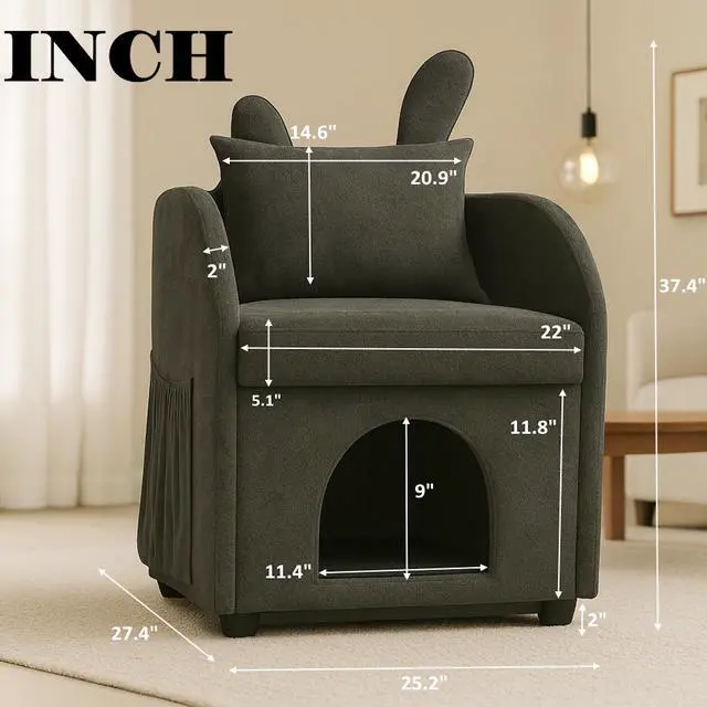 Alt view image 3 of 7 - Dark Gray Bunny-Ear Pet-Friendly Armchair with Scratch-Resistant Fabric, Built-in Cat & Dog Hideaway, Dual-Use Sofa Chair with Side Pocket, 27.4 x 25.2 x 37.4 inch