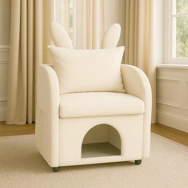 Main image of Beige Bunny-Ear Pet-Friendly Armchair with Built-in Cat & Dog Hideaway, Cozy Dual-Use Sofa Chair with Side Pocket, 27.4 x 25.2 x 37.4 inch