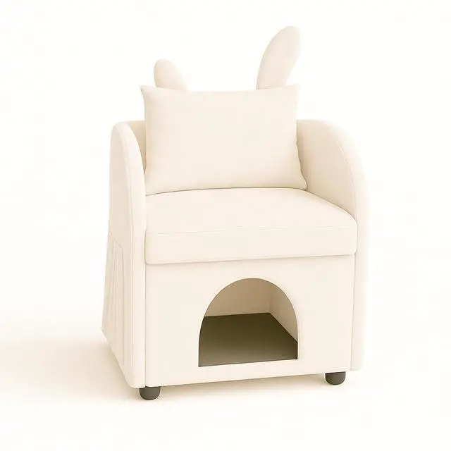 Alt view image 5 of 7 - Beige Bunny-Ear Pet-Friendly Armchair with Built-in Cat & Dog Hideaway, Cozy Dual-Use Sofa Chair with Side Pocket, 27.4 x 25.2 x 37.4 inch