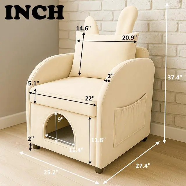 Alt view image 3 of 7 - Beige Bunny-Ear Pet-Friendly Armchair with Built-in Cat & Dog Hideaway, Cozy Dual-Use Sofa Chair with Side Pocket, 27.4 x 25.2 x 37.4 inch