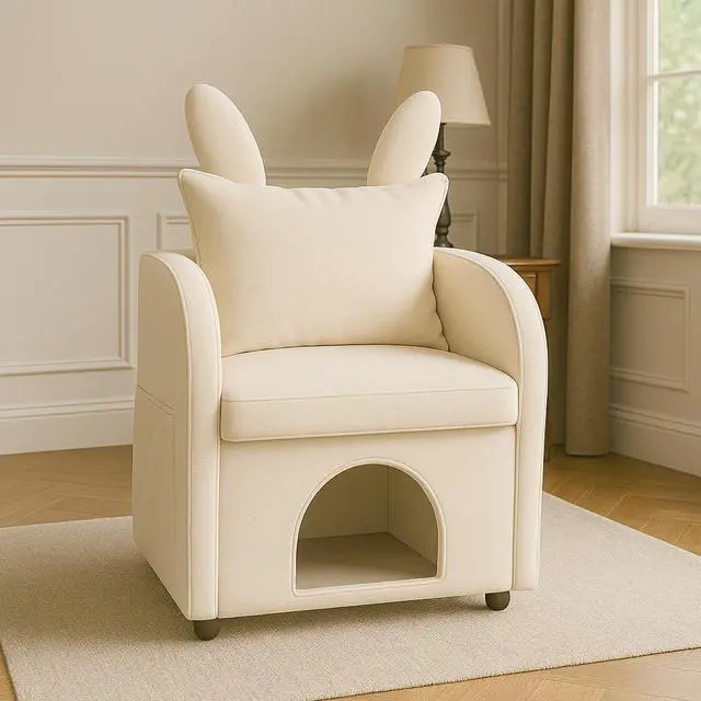 Alt view image 2 of 7 - Beige Bunny-Ear Pet-Friendly Armchair with Built-in Cat & Dog Hideaway, Cozy Dual-Use Sofa Chair with Side Pocket, 27.4 x 25.2 x 37.4 inch