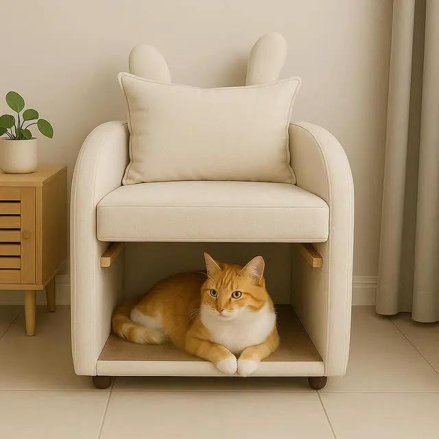 Alt view image 6 of 7 - Beige Bunny-Ear Pet-Friendly Armchair with Built-in Cat & Dog Hideaway, Cozy Dual-Use Sofa Chair with Side Pocket, 27.4 x 25.2 x 37.4 inch