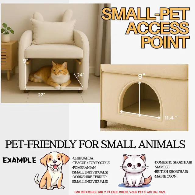 Alt view image 4 of 7 - Beige Bunny-Ear Pet-Friendly Armchair with Built-in Cat & Dog Hideaway, Cozy Dual-Use Sofa Chair with Side Pocket, 27.4 x 25.2 x 37.4 inch