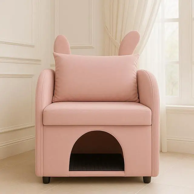 Alt view image 2 of 7 - Velvet Pink Bunny-Ear Pet-Friendly Armchair with Built-in Cat & Dog Hideaway, Plush Dual-Use Sofa Chair with Side Pocket, 27.4 x 25.2 x 37.4 inch