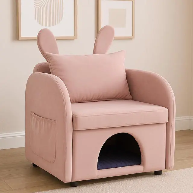 Main image of Velvet Pink Bunny-Ear Pet-Friendly Armchair with Built-in Cat & Dog Hideaway, Plush Dual-Use Sofa Chair with Side Pocket, 27.4 x 25.2 x 37.4 inch