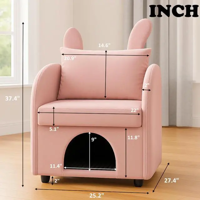 Alt view image 3 of 7 - Velvet Pink Bunny-Ear Pet-Friendly Armchair with Built-in Cat & Dog Hideaway, Plush Dual-Use Sofa Chair with Side Pocket, 27.4 x 25.2 x 37.4 inch