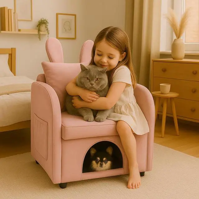 Alt view image 5 of 7 - Velvet Pink Bunny-Ear Pet-Friendly Armchair with Built-in Cat & Dog Hideaway, Plush Dual-Use Sofa Chair with Side Pocket, 27.4 x 25.2 x 37.4 inch