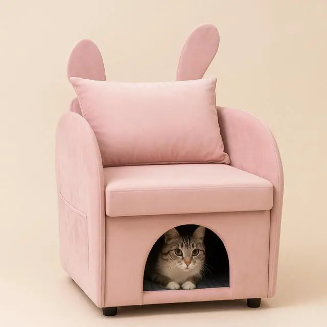Alt view image 7 of 7 - Velvet Pink Bunny-Ear Pet-Friendly Armchair with Built-in Cat & Dog Hideaway, Plush Dual-Use Sofa Chair with Side Pocket, 27.4 x 25.2 x 37.4 inch