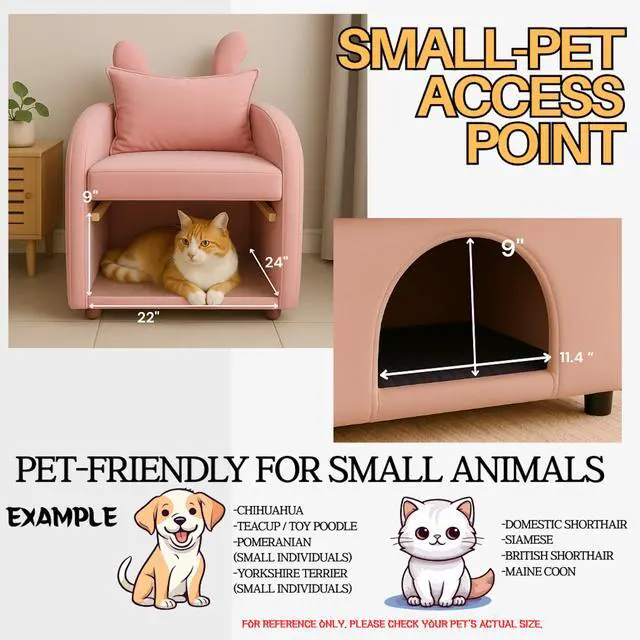 Alt view image 4 of 7 - Velvet Pink Bunny-Ear Pet-Friendly Armchair with Built-in Cat & Dog Hideaway, Plush Dual-Use Sofa Chair with Side Pocket, 27.4 x 25.2 x 37.4 inch