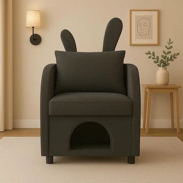 Alt view image 2 of 7 - Dark Gray Bunny-Ear Pet-Friendly Armchair with Scratch-Resistant Fabric, Triple-Entry Pet Hideaway Openings, Dual-Use Sofa Chair, 27.4 x 25.2 x 37.4 inch