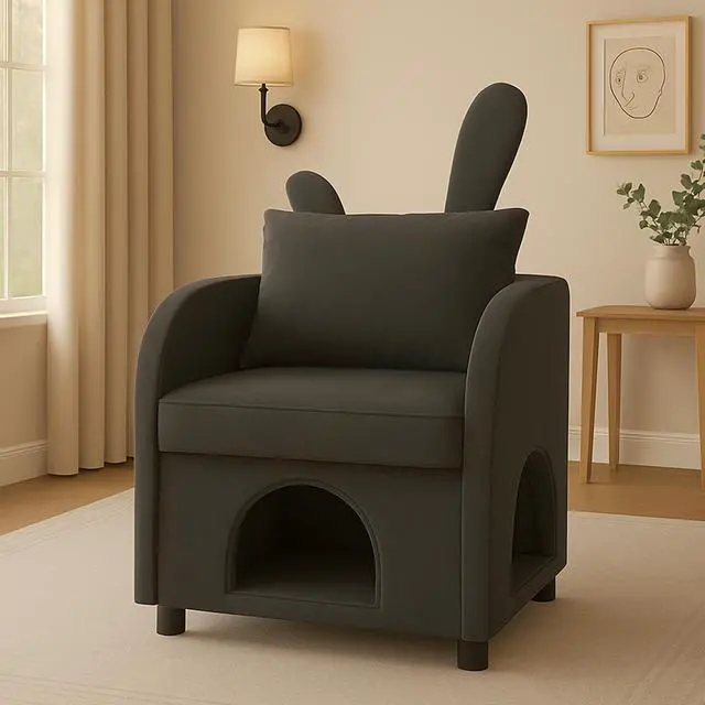 Main image of Dark Gray Bunny-Ear Pet-Friendly Armchair with Scratch-Resistant Fabric, Triple-Entry Pet Hideaway Openings, Dual-Use Sofa Chair, 27.4 x 25.2 x 37.4 inch