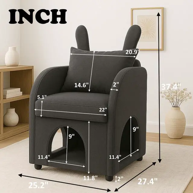 Alt view image 3 of 7 - Dark Gray Bunny-Ear Pet-Friendly Armchair with Scratch-Resistant Fabric, Triple-Entry Pet Hideaway Openings, Dual-Use Sofa Chair, 27.4 x 25.2 x 37.4 inch