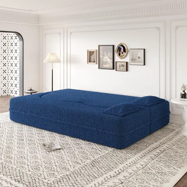 Alt view image 5 of 6 - Modern Floor Sofa with 2 Pillows,Convertible Teddy Fabric Foam-Filled Sleeper Sofa Bed,15" Full Size Folding Mattress for Living Room,Guest Bed,Playroom,no assembly required,Blue