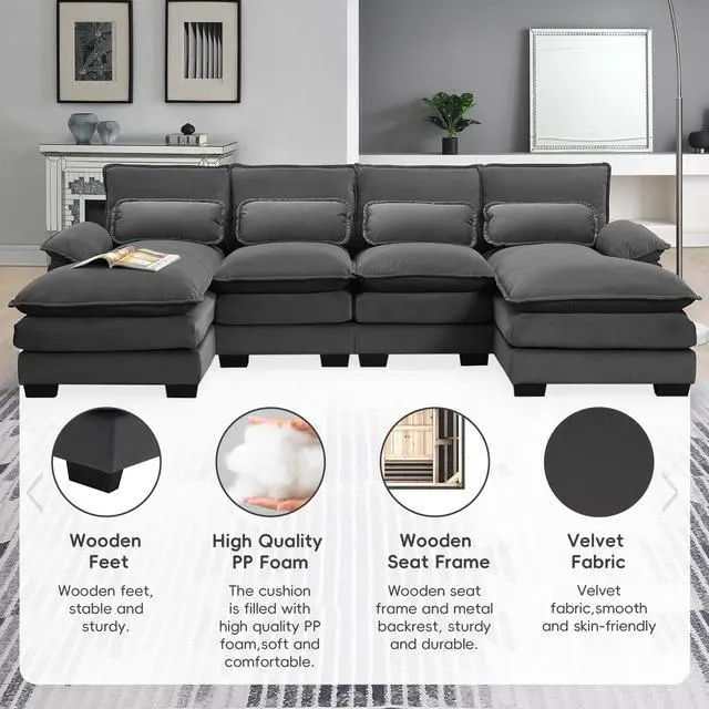 Alt view image 3 of 7 - [VIDEO provided][New]109.8*55.9" Modern U-shaped Sectional Sofa with Waist Pillows,6-seat Upholstered Symmetrical Sofa Furniture,Sleeper Sofa Couch with Chaise Lounge for Living Room,Apartment,5 Color