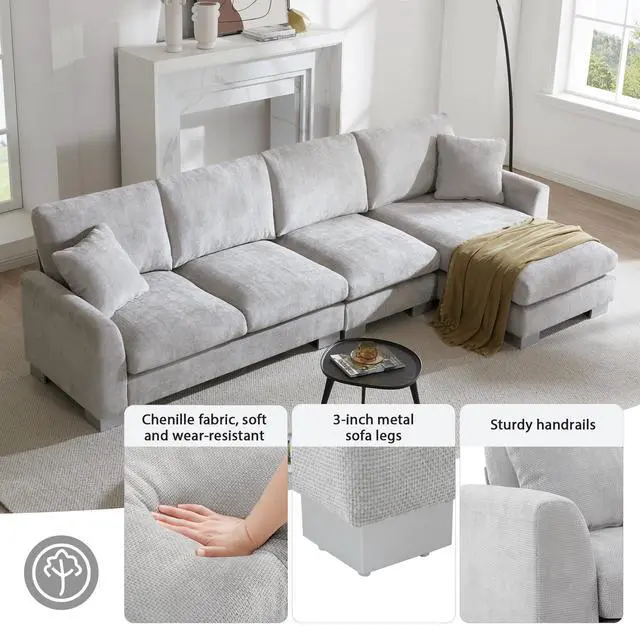 Alt view image 4 of 7 - 119*55" Modern Oversized Sectional Sofa,L-shaped Luxury Couch Set with 2 Free pillows,5-seat Chenille Indoor Furniture with Chaise for Living Room,Apartment,Office,2 Colors