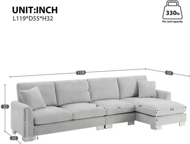 Alt view image 2 of 7 - 119*55" Modern Oversized Sectional Sofa,L-shaped Luxury Couch Set with 2 Free pillows,5-seat Chenille Indoor Furniture with Chaise for Living Room,Apartment,Office,2 Colors