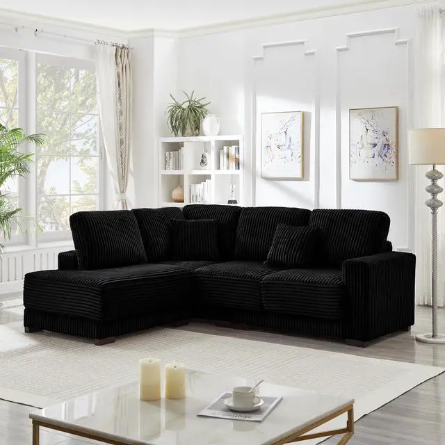 Alt view image 2 of 7 - 93" Sectional Sofa, L Shaped Sofa Couch with Reversible Chaise Lounge, Upholstered Soft Corduroy Couch for Living Room, Apartment (Black)