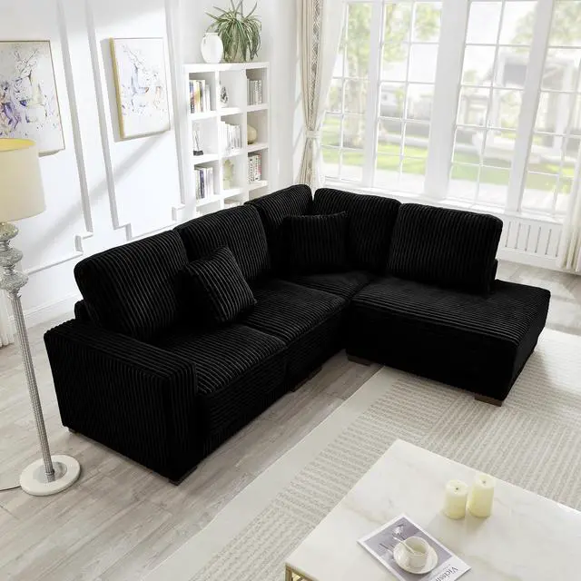 Alt view image 3 of 7 - 93" Sectional Sofa, L Shaped Sofa Couch with Reversible Chaise Lounge, Upholstered Soft Corduroy Couch for Living Room, Apartment (Black)
