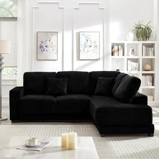 Alt view image 4 of 7 - 93" Sectional Sofa, L Shaped Sofa Couch with Reversible Chaise Lounge, Upholstered Soft Corduroy Couch for Living Room, Apartment (Black)