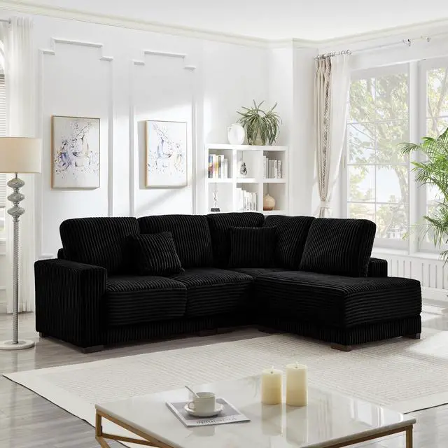 Main image of 93" Sectional Sofa, L Shaped Sofa Couch with Reversible Chaise Lounge, Upholstered Soft Corduroy Couch for Living Room, Apartment (Black)