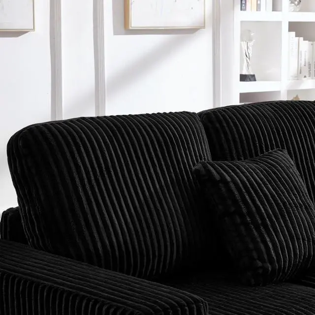 Alt view image 6 of 7 - 93" Sectional Sofa, L Shaped Sofa Couch with Reversible Chaise Lounge, Upholstered Soft Corduroy Couch for Living Room, Apartment (Black)