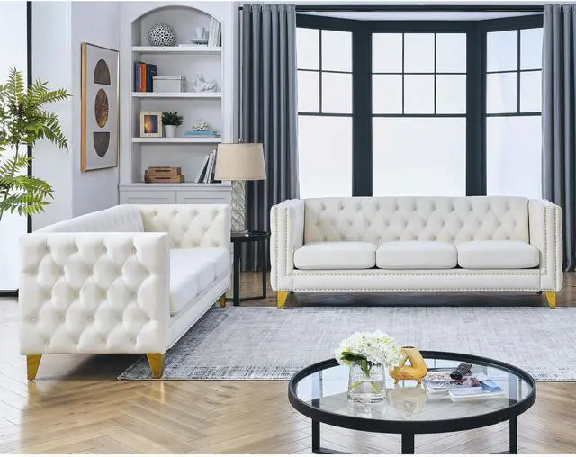 Main image of {Contact us for 3D modeling} Velvet Sofa for Living Room,Buttons Tufted Square Arm Couch, Modern Couch Upholstered Button and Metal Legs, Sofa Couch for Bedroom, Beige Velvet ,2PCS