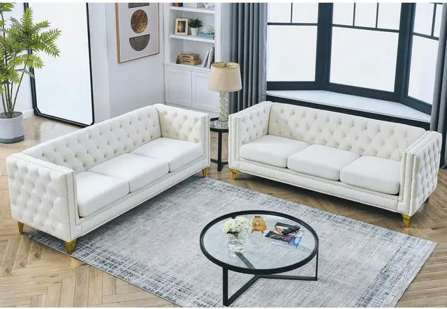 Alt view image 3 of 7 - {Contact us for 3D modeling} Velvet Sofa for Living Room,Buttons Tufted Square Arm Couch, Modern Couch Upholstered Button and Metal Legs, Sofa Couch for Bedroom, Beige Velvet ,2PCS