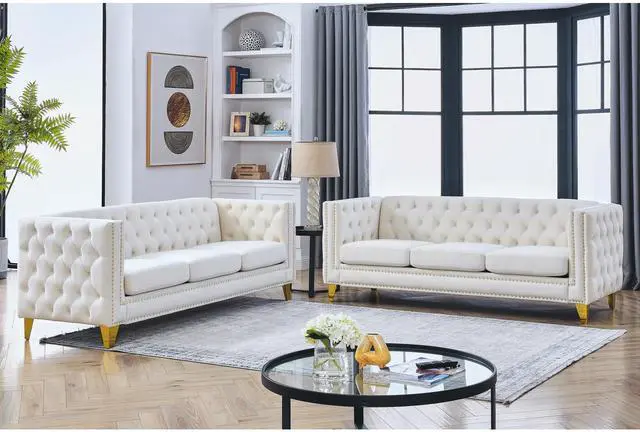 Alt view image 2 of 7 - {Contact us for 3D modeling} Velvet Sofa for Living Room,Buttons Tufted Square Arm Couch, Modern Couch Upholstered Button and Metal Legs, Sofa Couch for Bedroom, Beige Velvet ,2PCS