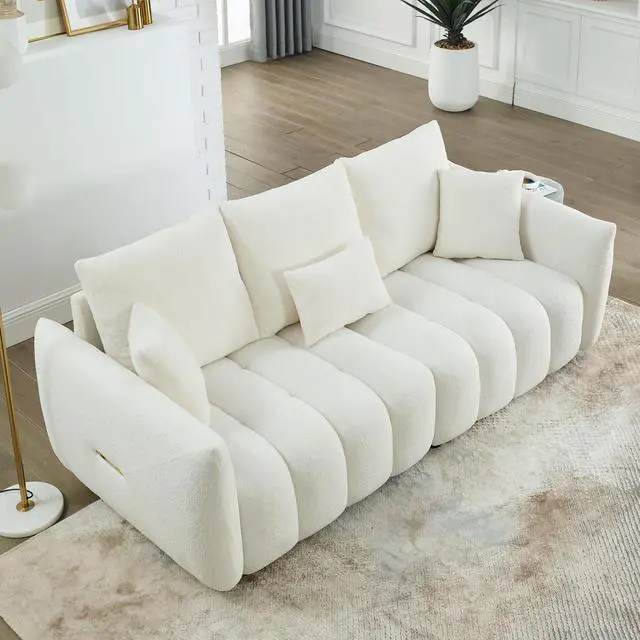 Alt view image 7 of 7 - [video] MH 81" Premium Teddy fabric Sofa with 3 Back Pillows and 3 back Cushions Solid Wood Frame 3-Seater Sofa, Oversized Upholstered Chair for Living Room, Bedroom, Apartment and OfficeW1193S00065