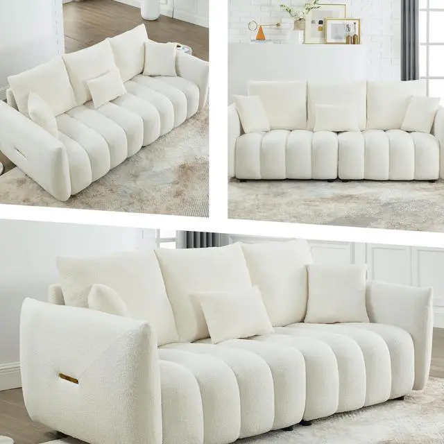 Alt view image 3 of 7 - [video] MH 81" Premium Teddy fabric Sofa with 3 Back Pillows and 3 back Cushions Solid Wood Frame 3-Seater Sofa, Oversized Upholstered Chair for Living Room, Bedroom, Apartment and OfficeW1193S00065