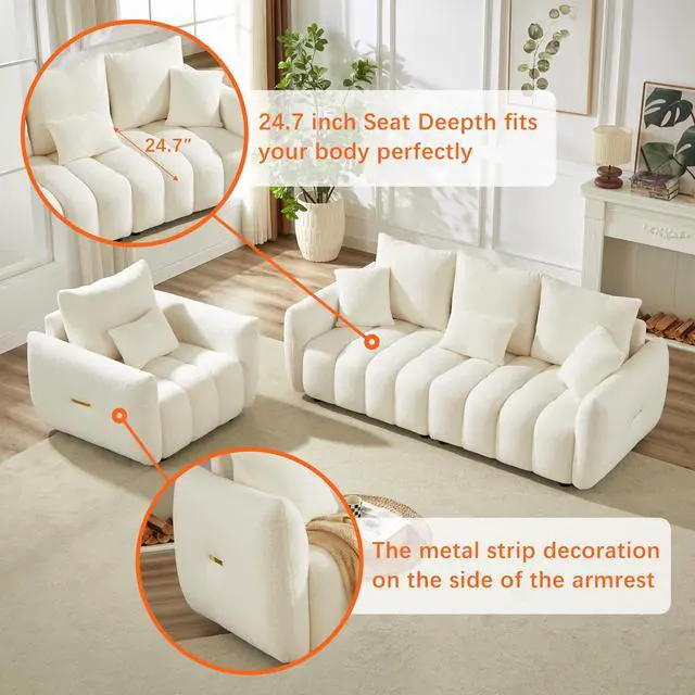 Alt view image 4 of 7 - [video] MH 81" Premium Teddy fabric Sofa with 3 Back Pillows and 3 back Cushions Solid Wood Frame 3-Seater Sofa, Oversized Upholstered Chair for Living Room, Bedroom, Apartment and OfficeW1193S00065