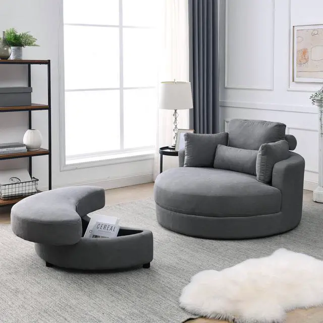 Alt view image 2 of 6 - [Video] Welike Swivel Accent Barrel Modern Dark Grey Sofa Lounge Club Big Round Chair with Storage Ottoman Linen Fabric for Living Room Hotel with Pillows,2PCS.